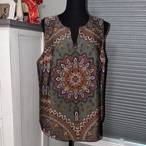 🫶🏼Verse Sleeveless Olive Medallion Print Top - Charming Boho Style size XL